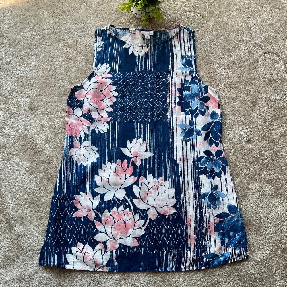 Pure Jill Linen Blue Floral Print Sleeveless Lagenlook Tunic Size: Medium